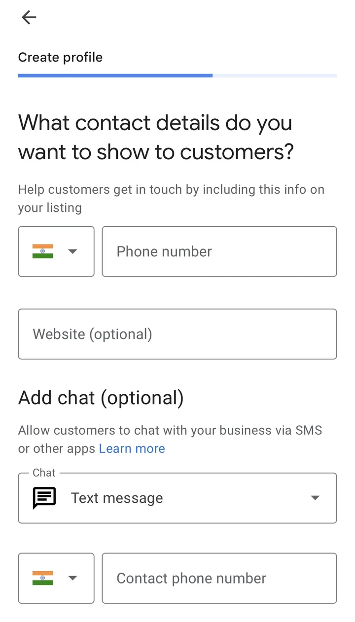 Setup screen for contact details with phone number, optional website and optional chat fields