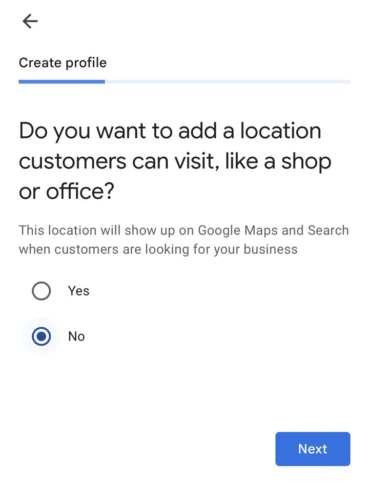 Setup screen asking: Do you want to add a location customers can visit, like a shop or office? with Yes and No options