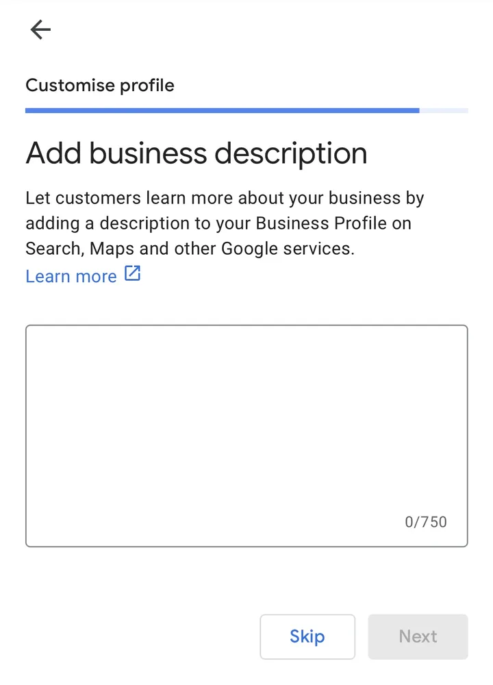 Add business description screen with an empty text box and a 750 character limit