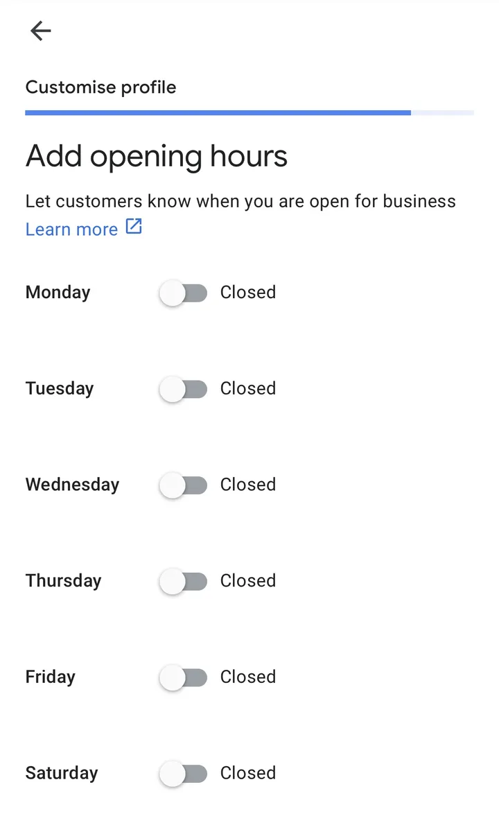 Add opening hours screen with each day of the week switched to Closed by default