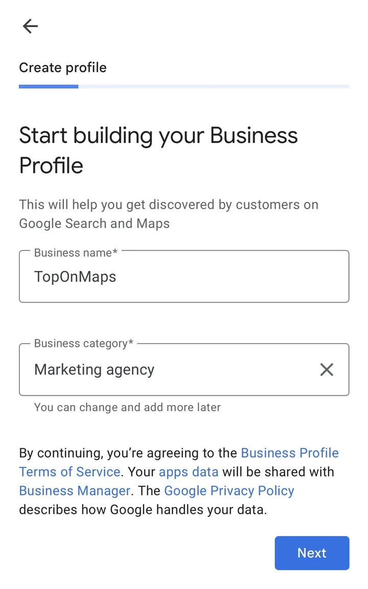 Google Business Profile setup screen with business name and business category fields