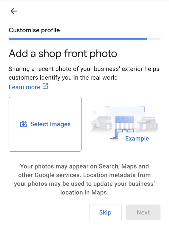Add a shop front photo screen with a Select images button and an example illustration