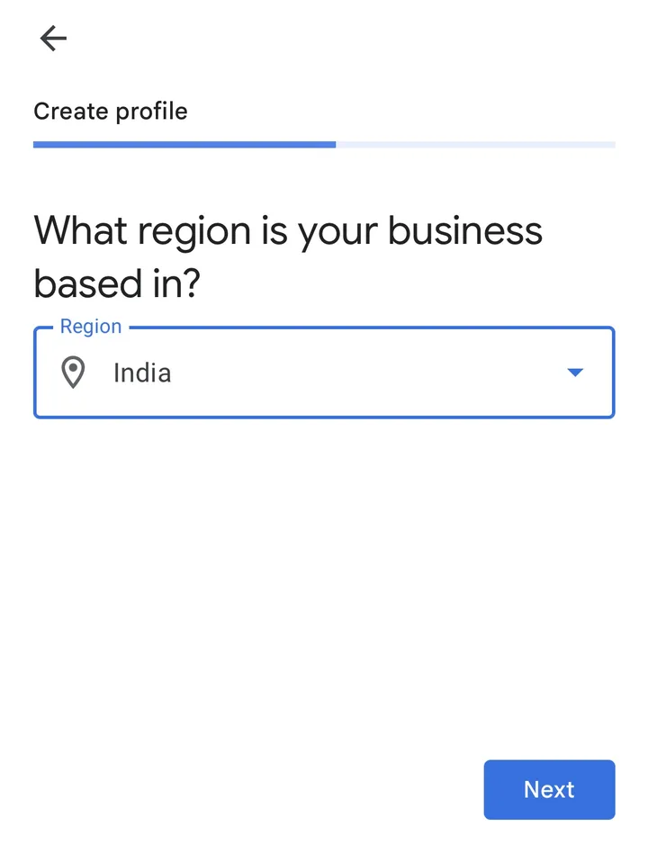 Setup screen asking: What region is your business based in? with India selected
