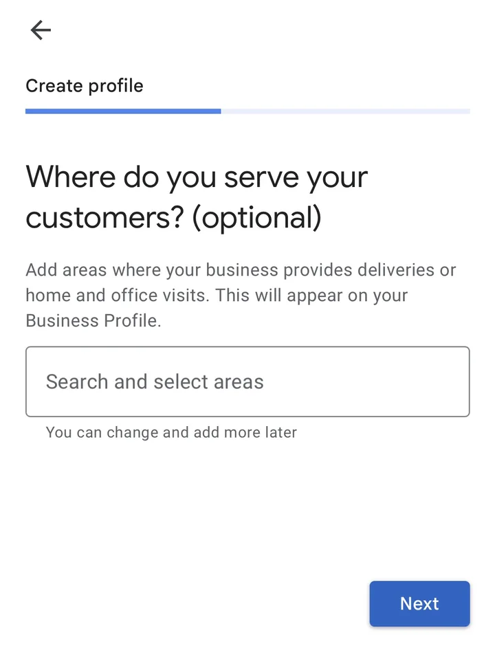 Setup screen asking: Where do you serve your customers? (optional), with a search box for areas