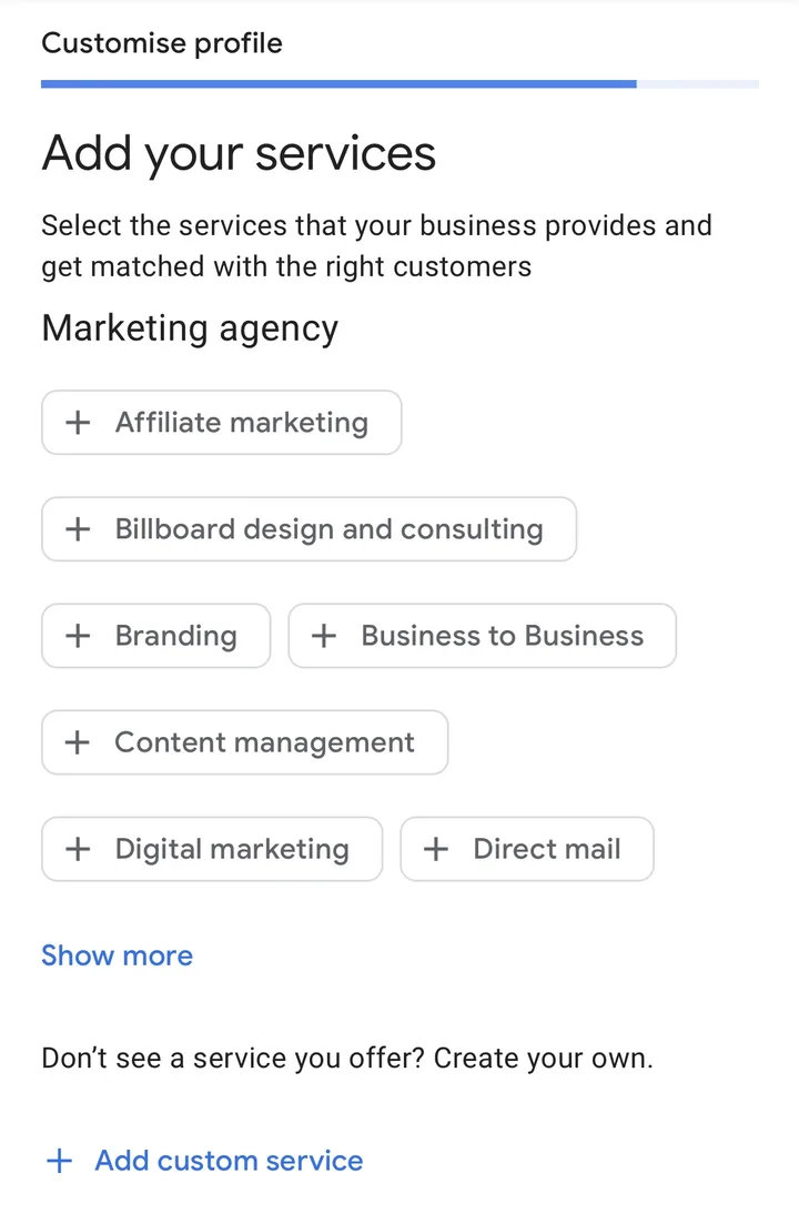 Add your services screen showing suggested services for the category and an Add custom service option