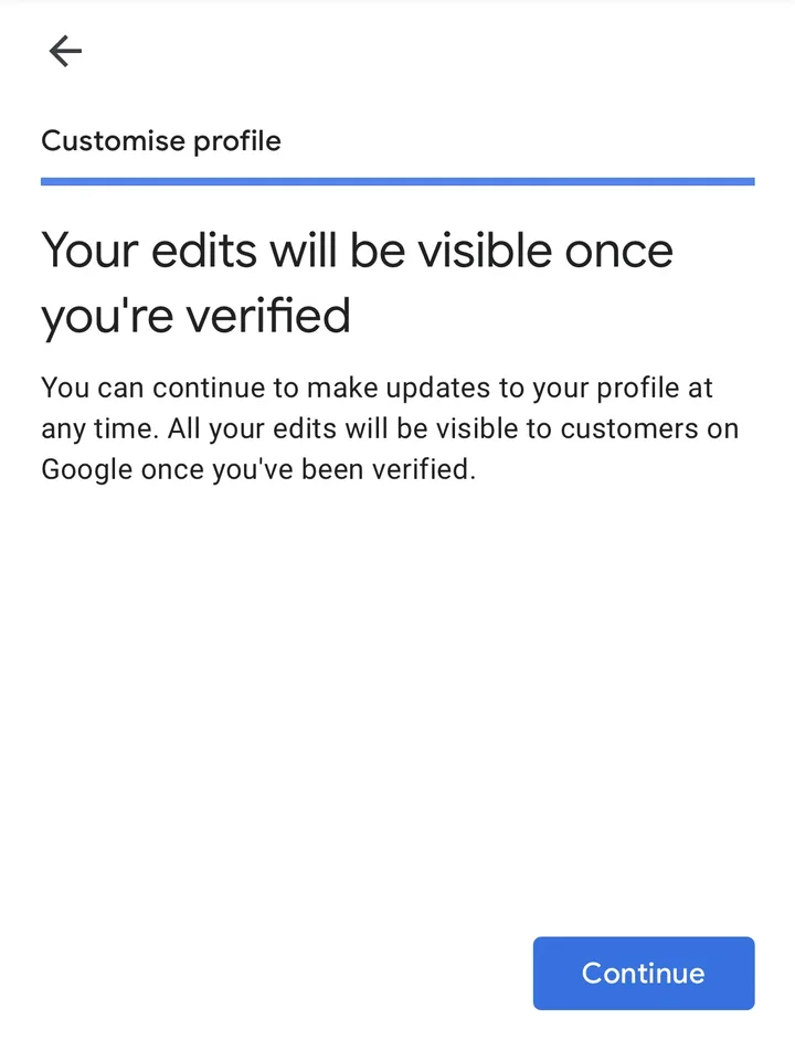 Screen saying: Your edits will be visible once you're verified